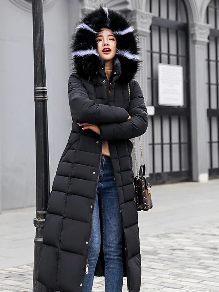 Farah | Longline women's puffer coat with faux fur hood, belted waist, and quilted design - full-length winter warmth and insulation