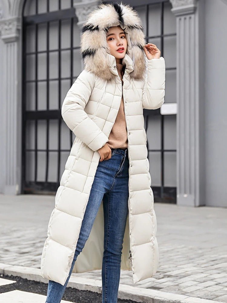 Farah | Longline women's puffer coat with faux fur hood, belted waist, and quilted design - full-length winter warmth and insulation