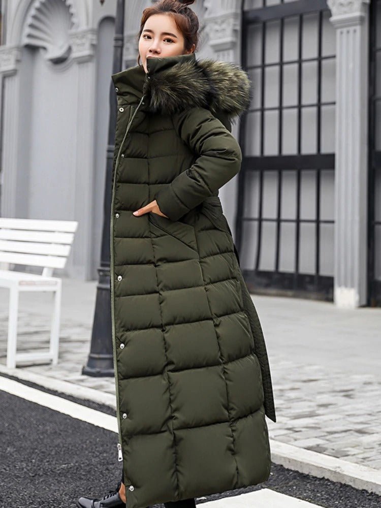 Farah | Longline women's puffer coat with faux fur hood, belted waist, and quilted design - full-length winter warmth and insulation