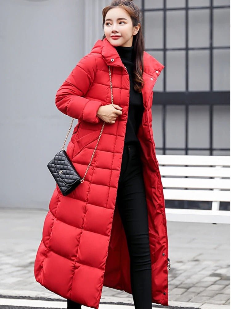 Farah | Longline women's puffer coat with faux fur hood, belted waist, and quilted design - full-length winter warmth and insulation