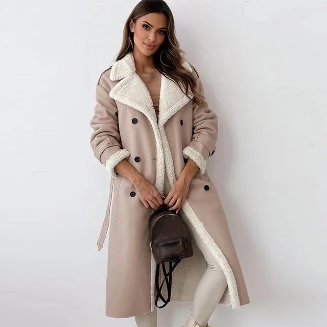 Ayodele | Long faux leather women's coat with fleece lining and waist belt, warm winter outfit