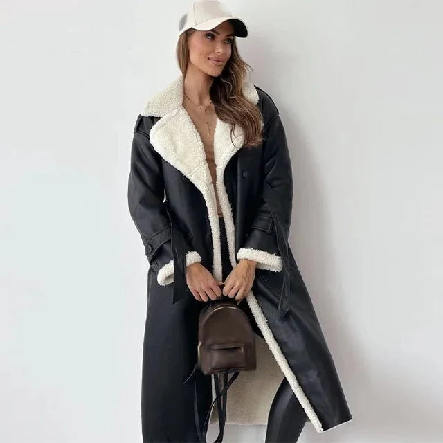 Ayodele | Lange damesjas van imitatieleer met fleecevoering en ceintuur in de taille, warme winteroutfit