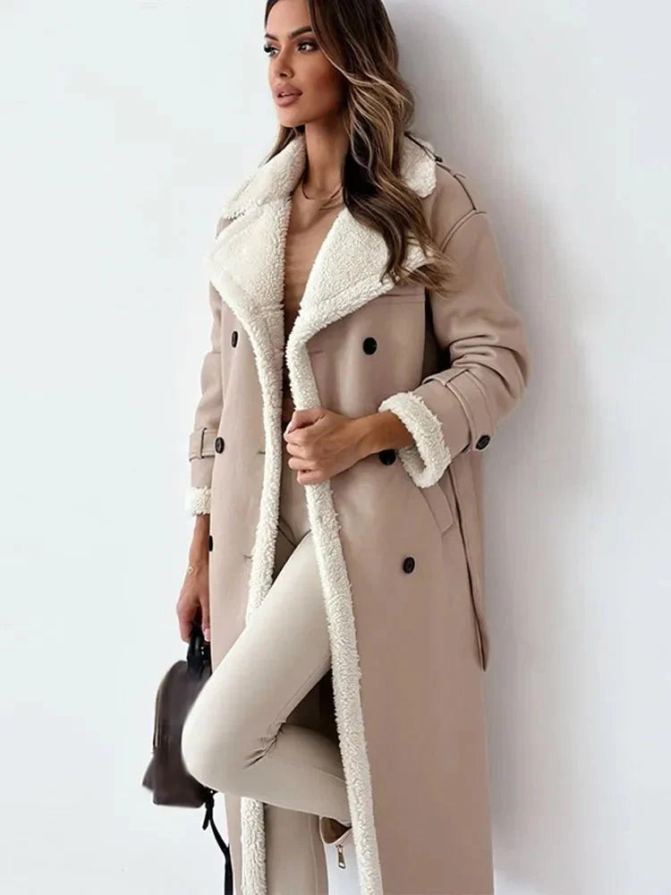Ayodele | Lange damesjas van imitatieleer met fleecevoering en ceintuur in de taille, warme winteroutfit