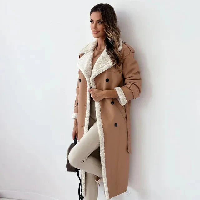 Ayodele | Long faux leather women's coat with fleece lining and waist belt, warm winter outfit