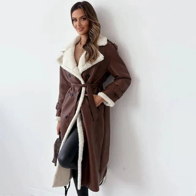 Ayodele | Long faux leather women's coat with fleece lining and waist belt, warm winter outfit