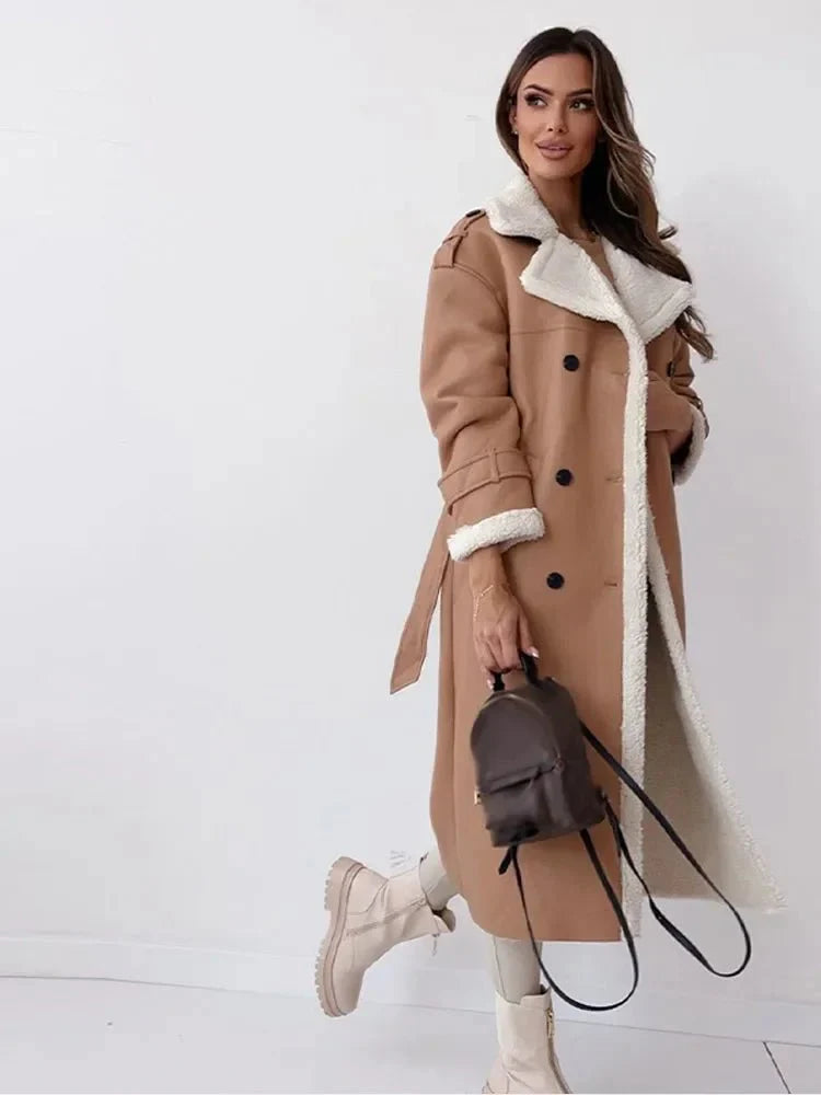 Ayodele | Lange damesjas van imitatieleer met fleecevoering en ceintuur in de taille, warme winteroutfit