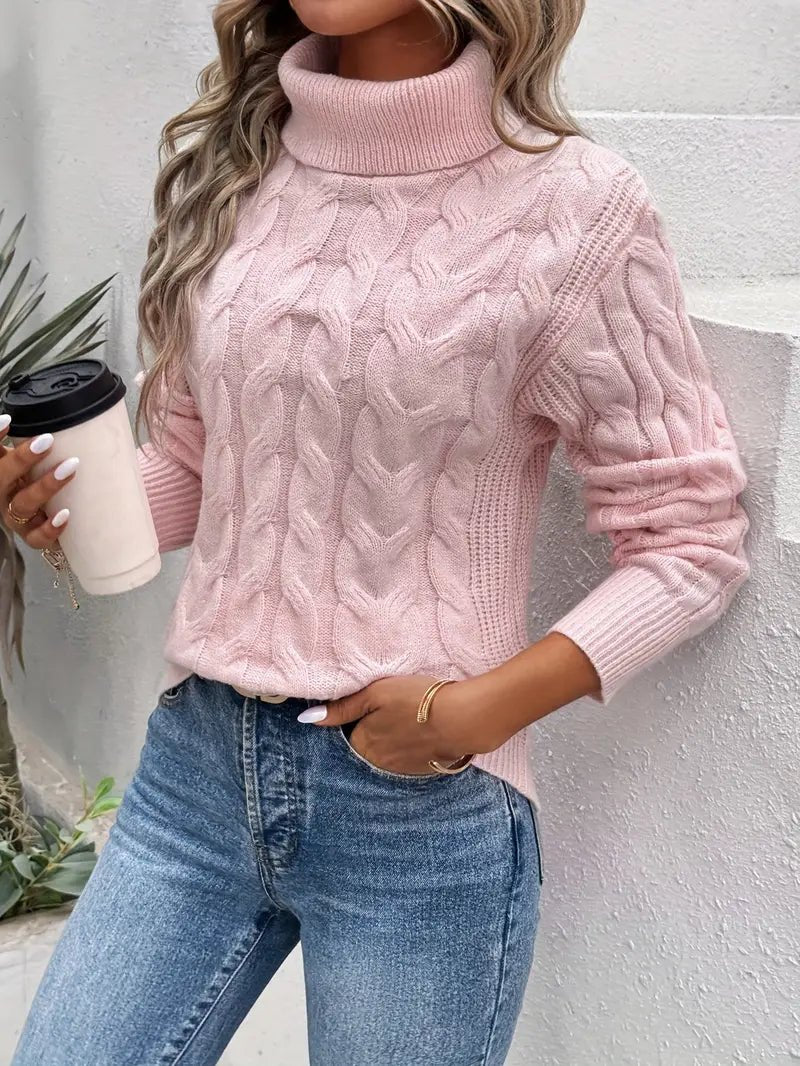 Alveth | Pull élégant en maille torsadée à col roulé pour femme – Pull d'hiver confortable, doux et stylé