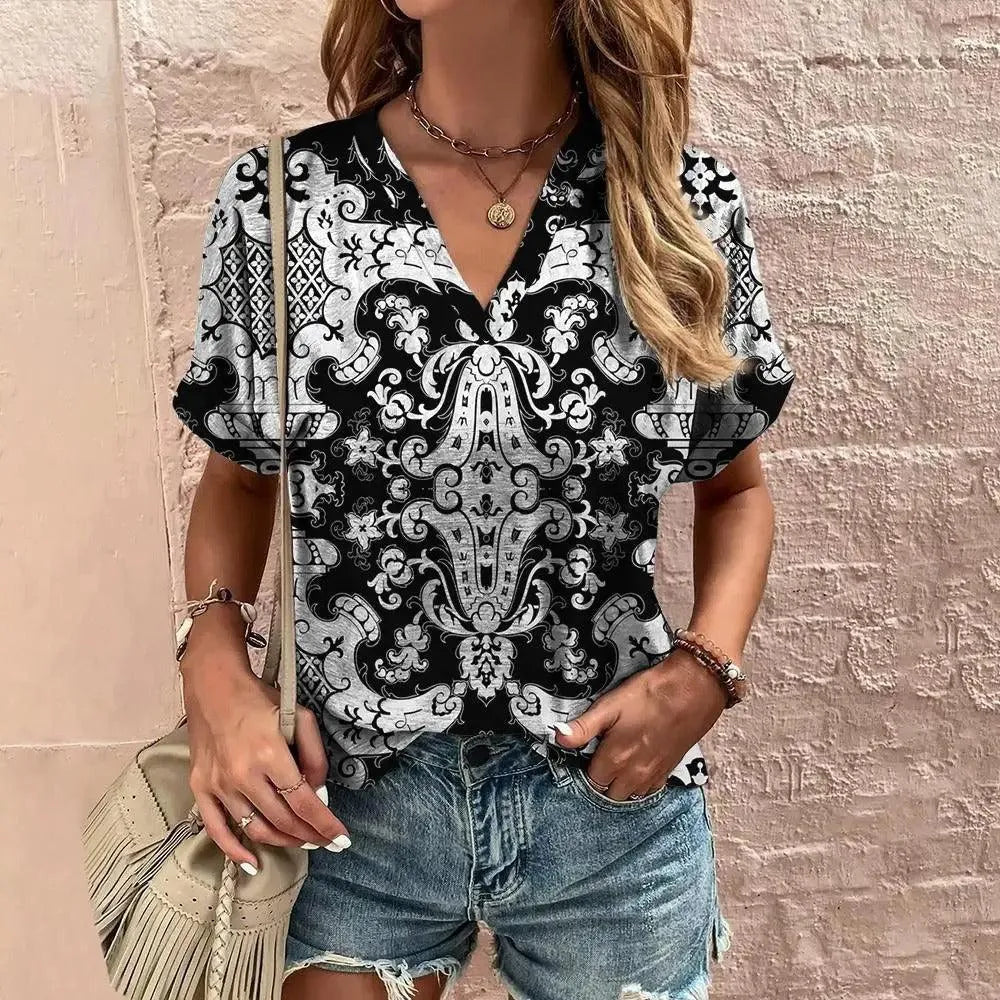 Hysora | Ademende V-hals top voor dames – korte mouwen, paisley bloemenprint, casual blouse
