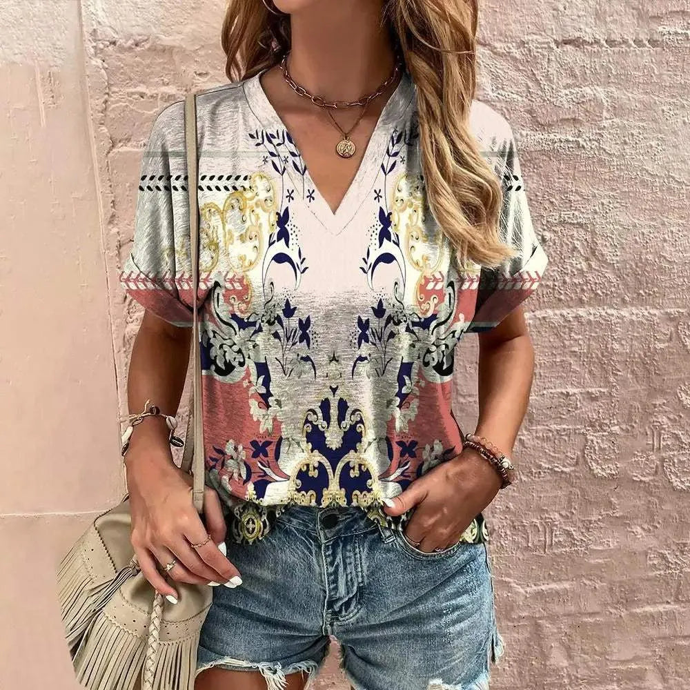 Hysora | Haut respirant à col V pour femme – manches courtes, imprimé floral cachemire, blouse décontractée