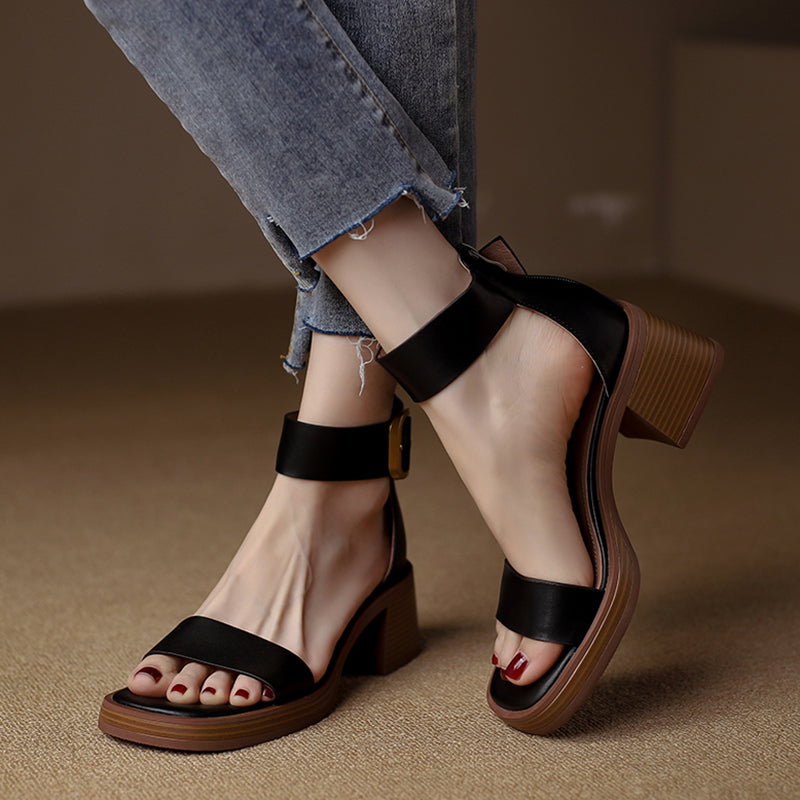 Falina | Mid-Heel Leather Sandals with Double Strap and Buckle Closure - Comfortable and Stylish
