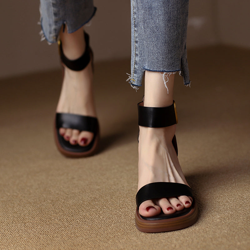 Falina | Mid-Heel Leather Sandals with Double Strap and Buckle Closure - Comfortable and Stylish