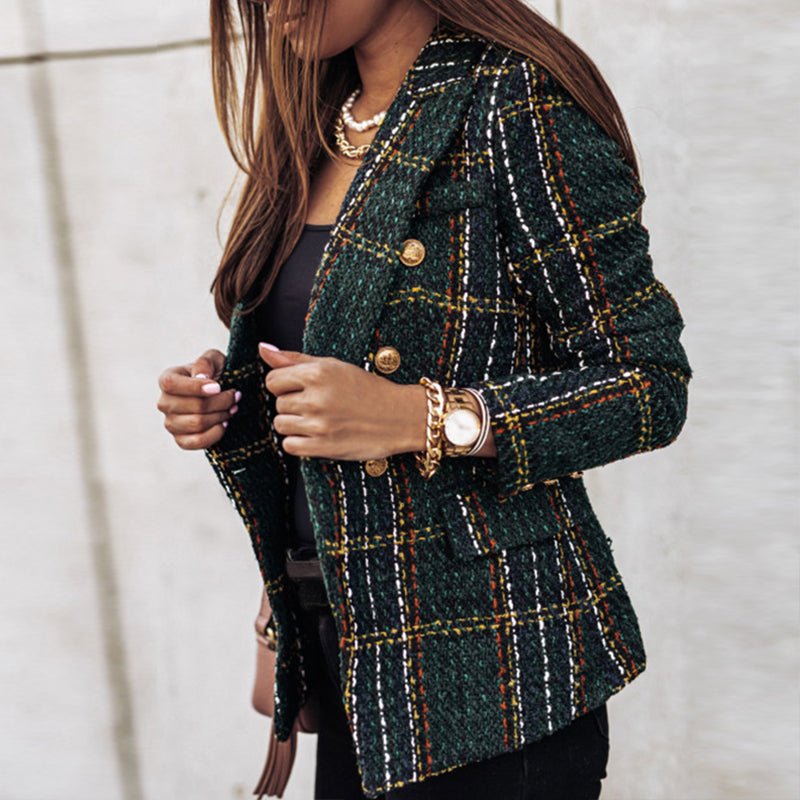 Ysabeline | Chique geruite tweedblazer voor dames – Elegant getailleerd jasje met gouden knopen