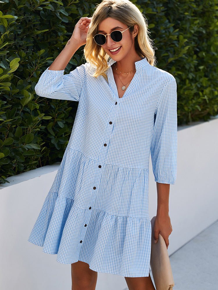Lilja | Women's Dress with Split Neck and Light Blue Plaid Button Placket