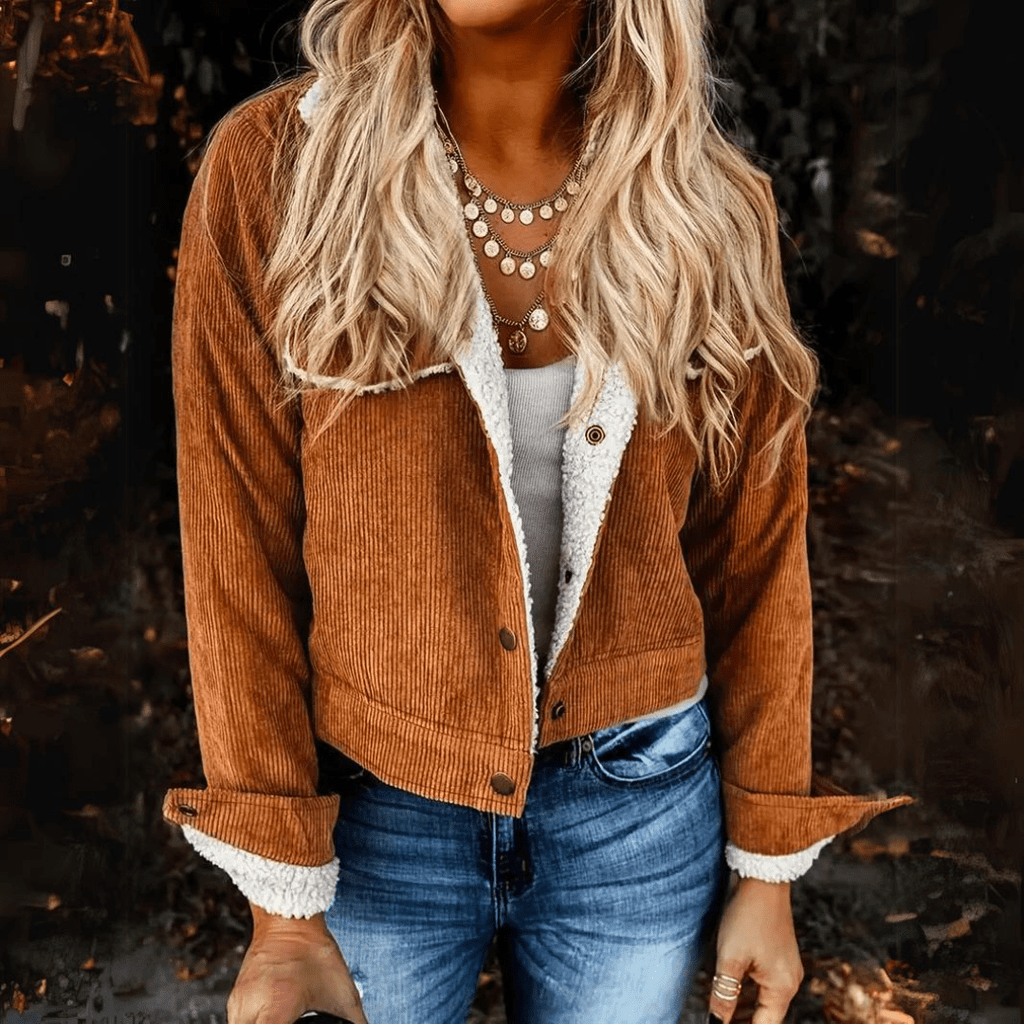Edna |  Corduroy cropped jasje, gevoerd met sherpa, warm en comfortabel, winterjas voor laagjeslook