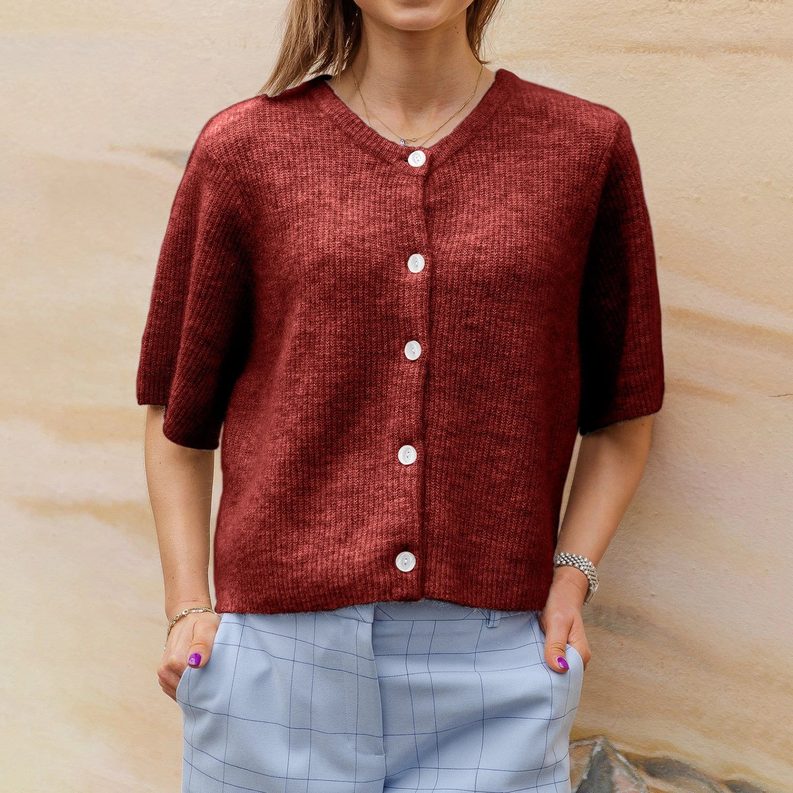 Cavara | Vintage vest met korte mouwen voor dames – Gebreide top met knopen, zachte trui