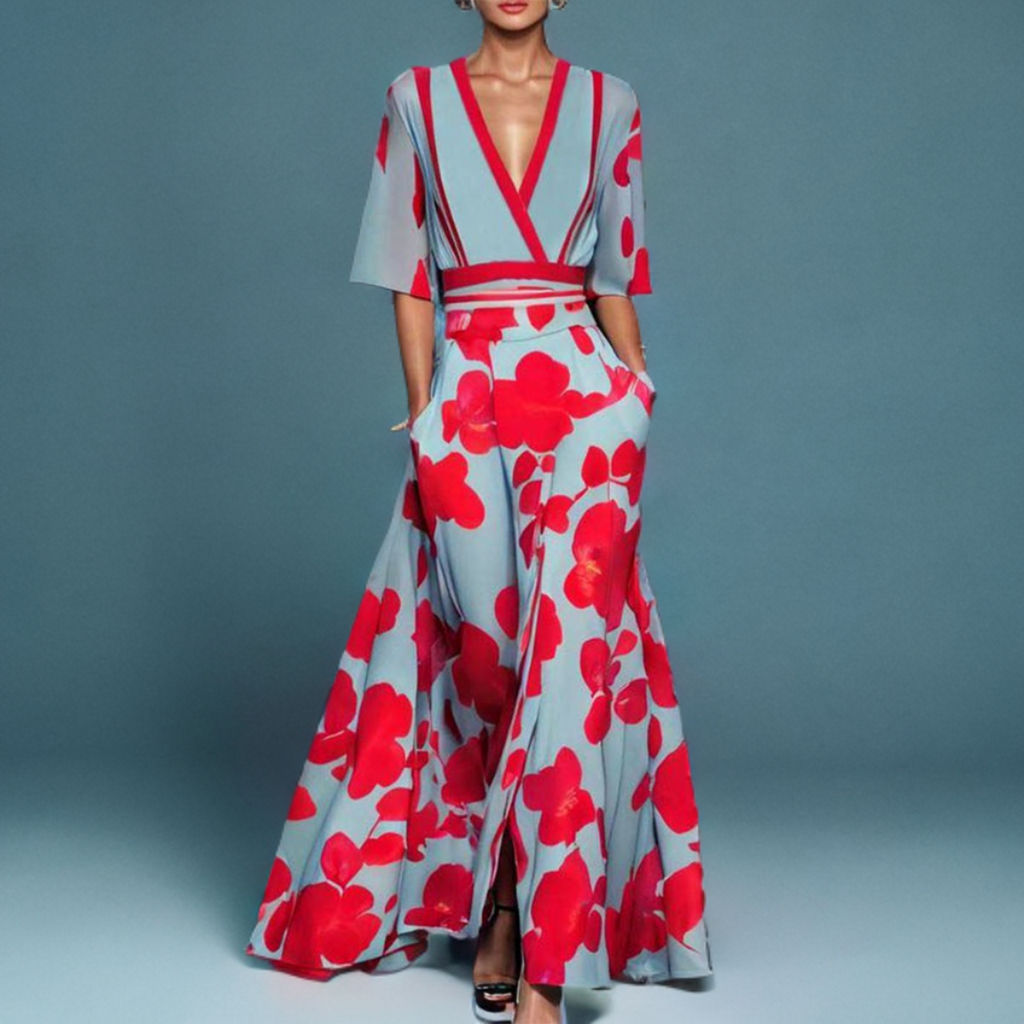 Majken | Elegant V-neck Maxi Dress - Short Sleeve Flowy Formal Evening Dress