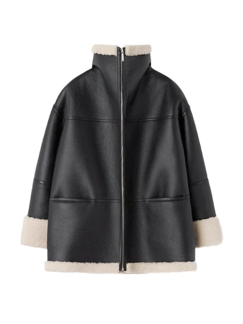 Delyraella | Oversized leren jas voor dames – Warme winterjas met fleecevoering, casual chique bovenkleding