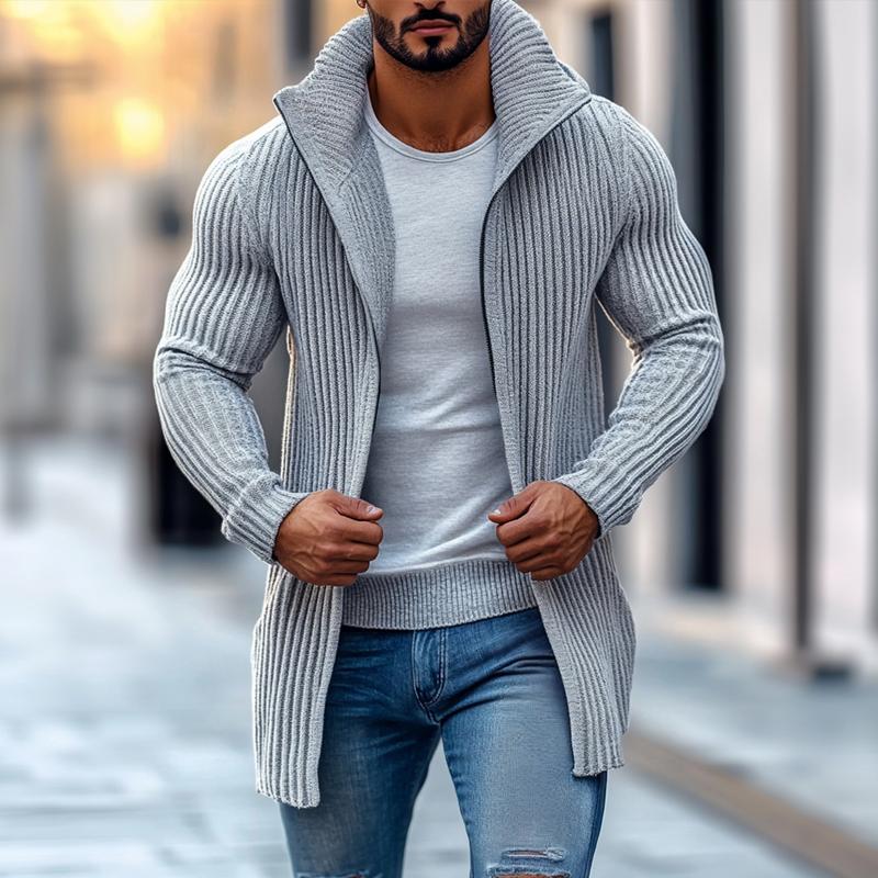 Xylar | Heren gebreid vest met opstaande kraag, lange mouwen, geribd, knoopsluiting, halflang