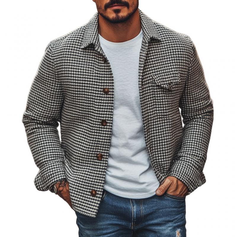 Drayven | Retro herenoverhemdjasje met houndstooth-patroon – Vintage casual jas met lange mouwen