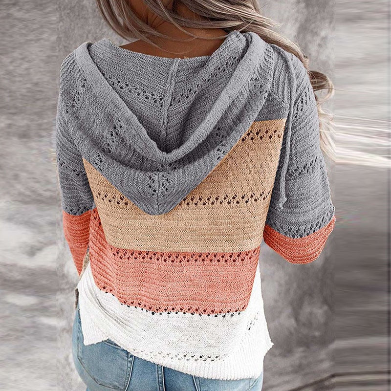 Rinelle | Dames gebreide hoodie – zachte sweater met capuchon, casual trui met lange mouwen