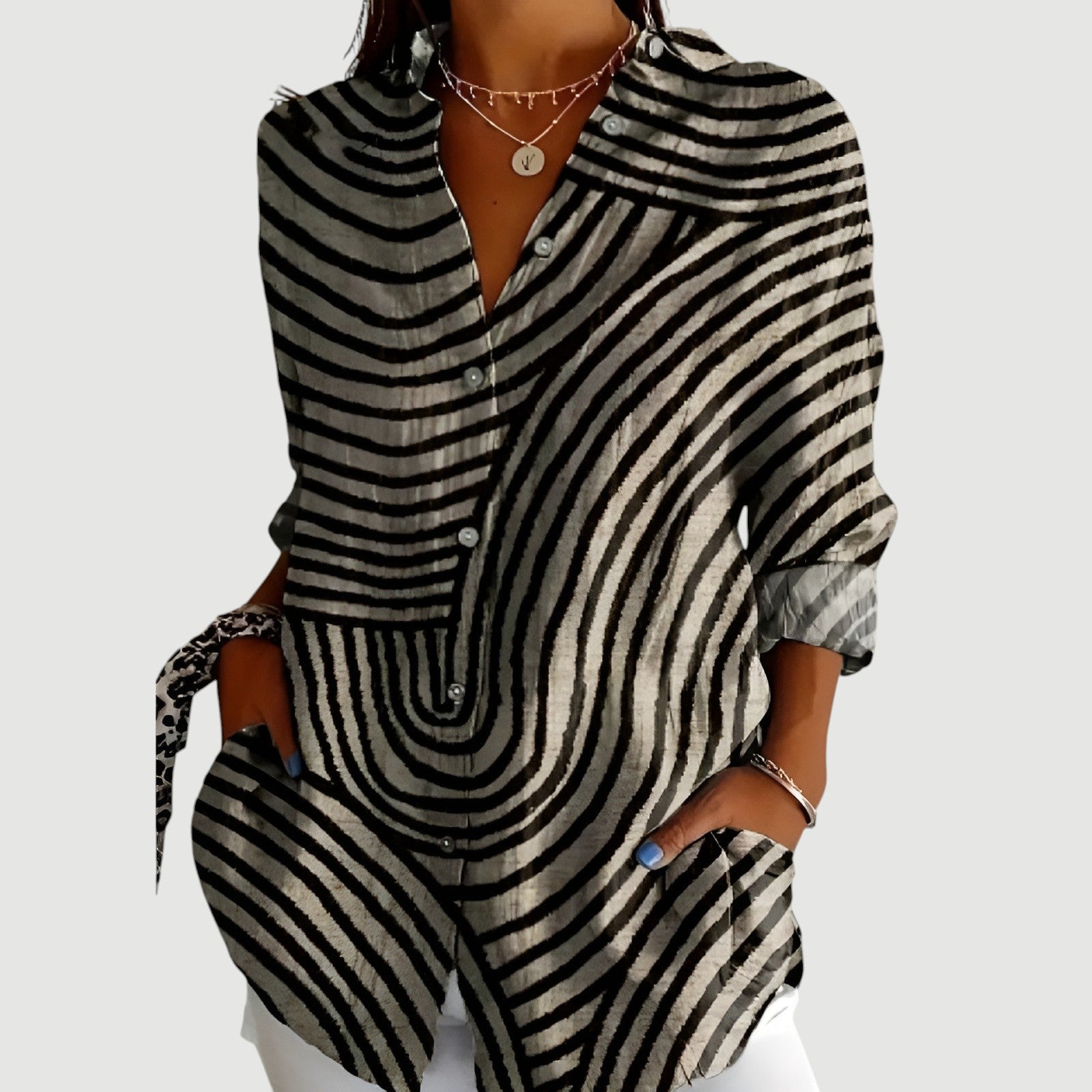 Elvarinnea | Damesblouse met lange mouwen en knoopsluiting, shirt met artistieke lijnprint, casual top voor op kantoor