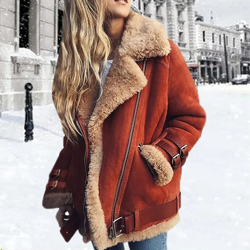 Jolanda | Leren damesjas met gesp, gevoerd met warm imitatiebont – Stijlvolle motorjas en winterjas