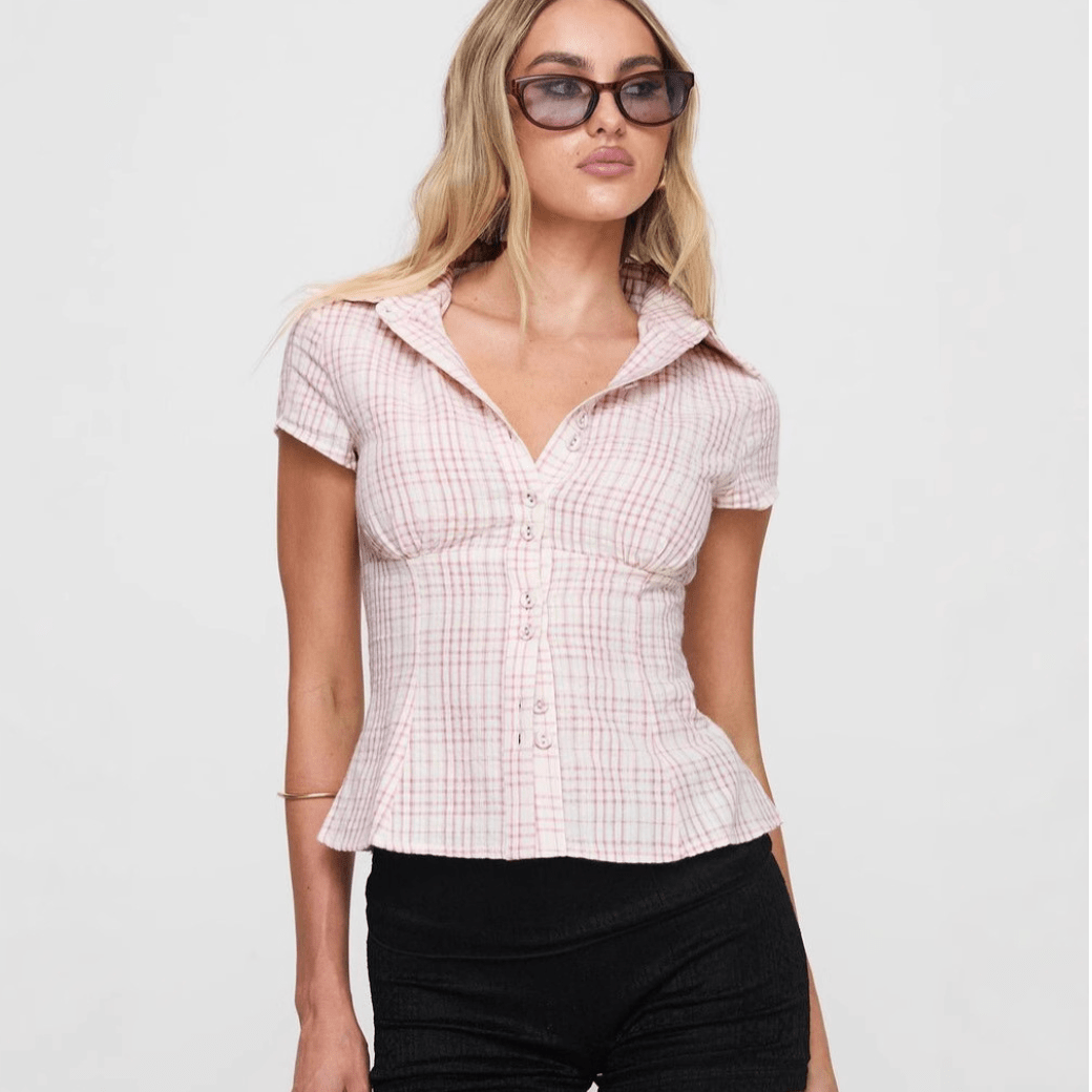 Sera | Dames retro blouse met korte mouwen – katoen-linnen overhemd met knoopsluiting, slim fit met reverskraag