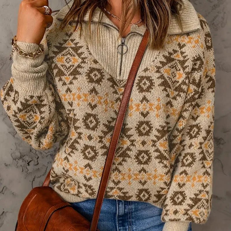 Yulia | Trui met halflange ritssluiting en Aztekenprint - Retro Fair Isle Ontwerp, Knusse Knit, Winter Top