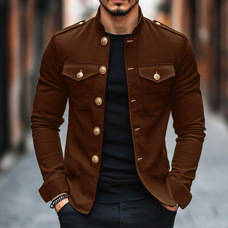 Xavren | Retro casual herenjas met knoopsluiting en opstaande kraag – effen lichtgewicht jas met lange mouwen om in laagjes te dragen