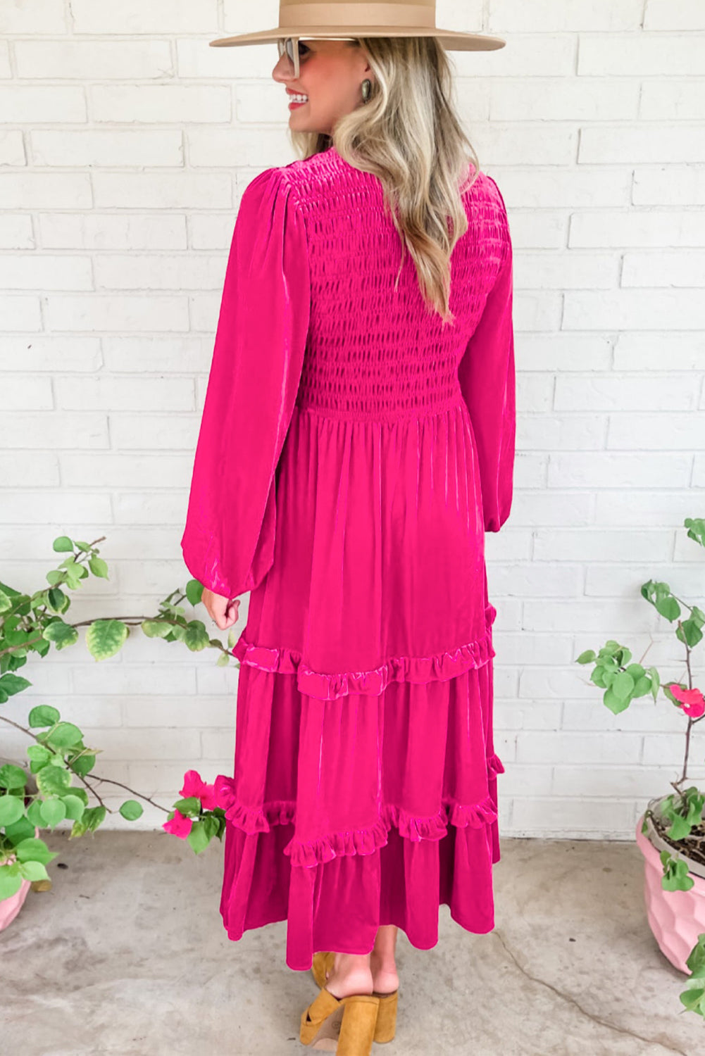 Jaerelle | Rose Red Shirred V Neck Long Sleeve Velvet Dress for Women