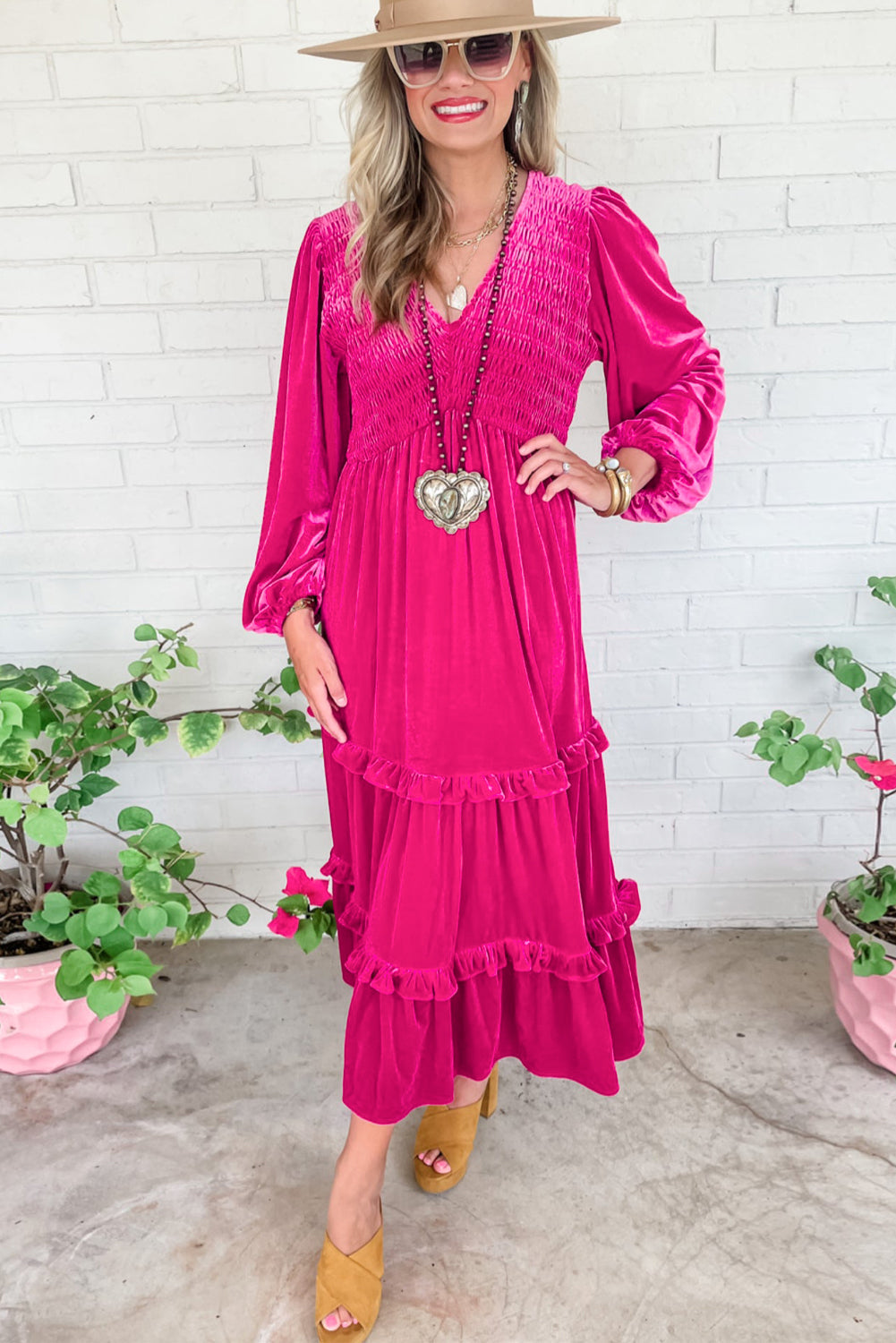 Jaerelle | Rose Red Shirred V Neck Long Sleeve Velvet Dress for Women