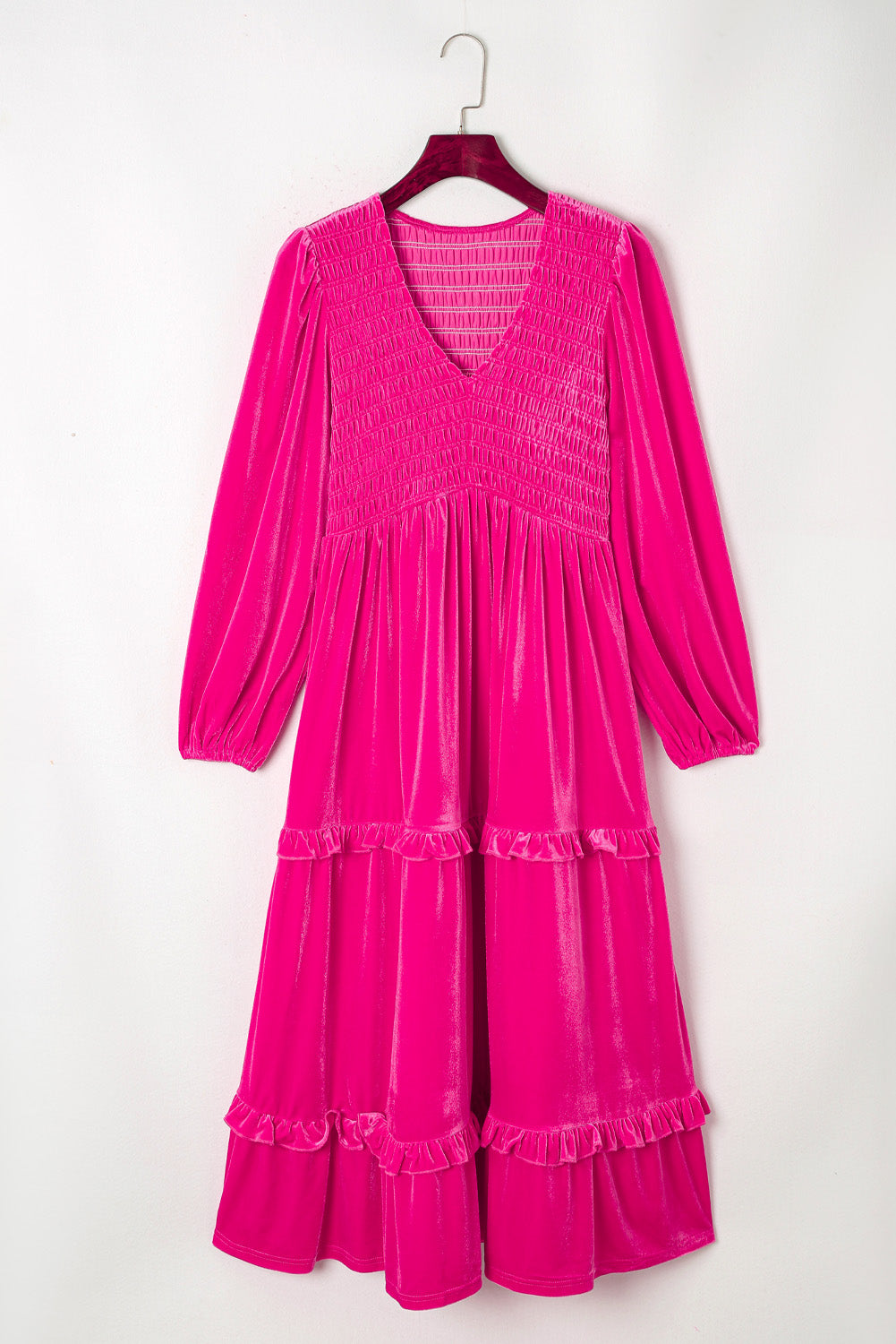 Jaerelle | Rose Red Shirred V Neck Long Sleeve Velvet Dress for Women