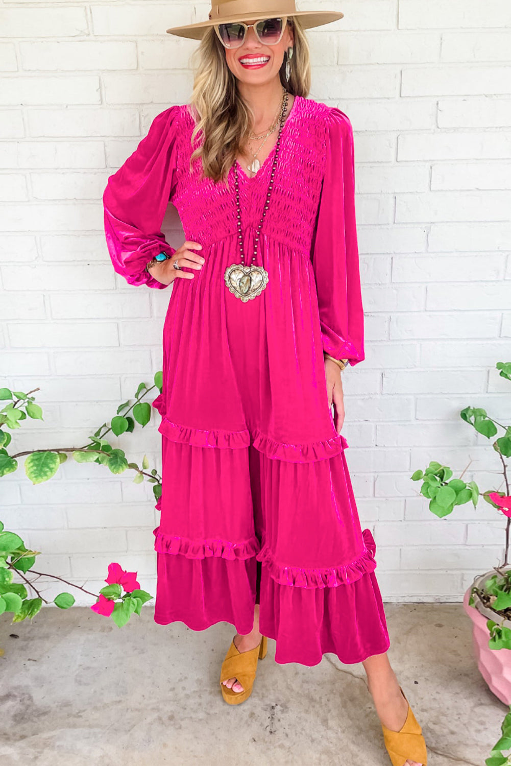 Jaerelle | Rose Red Shirred V Neck Long Sleeve Velvet Dress for Women