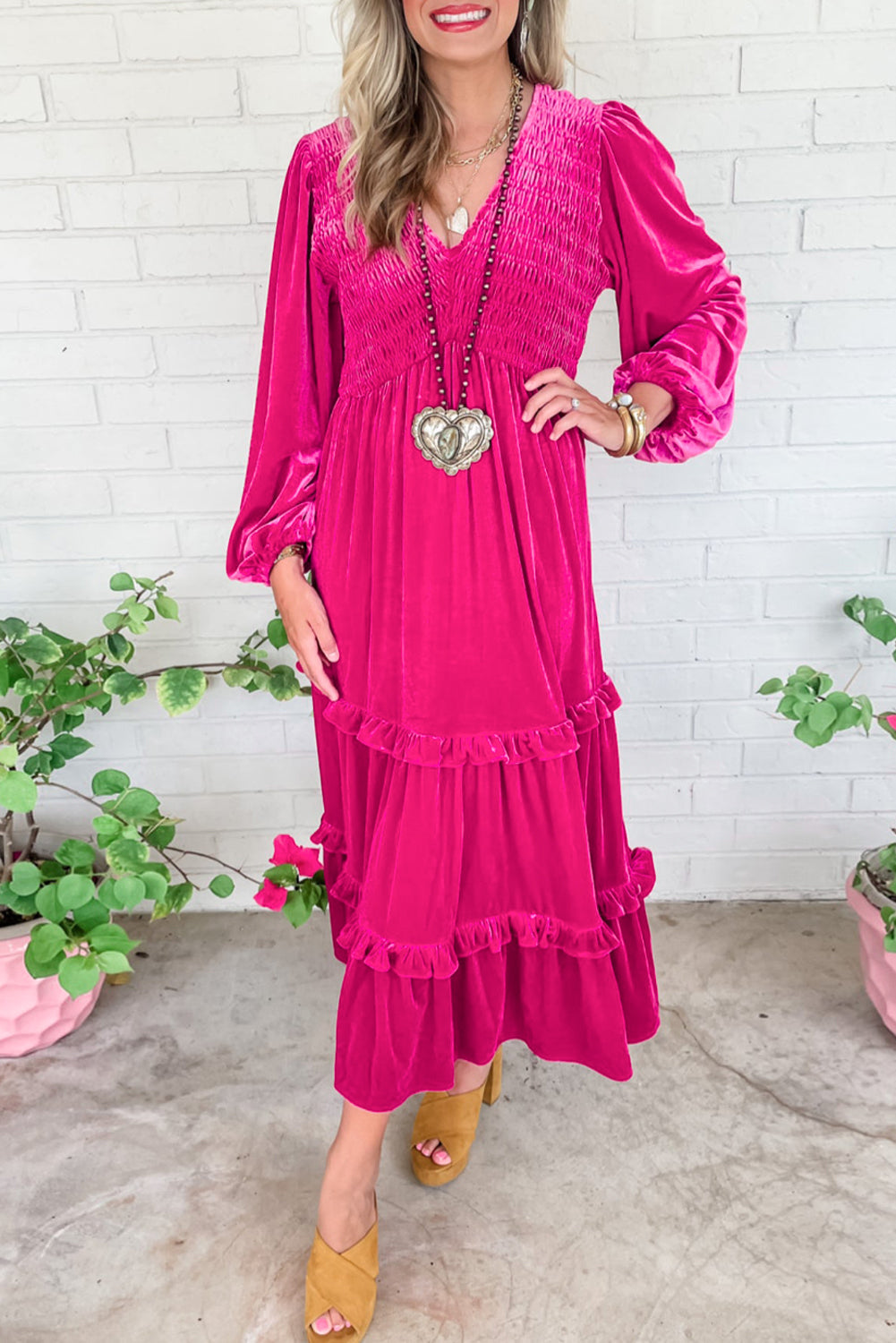 Jaerelle | Rose Red Shirred V Neck Long Sleeve Velvet Dress for Women