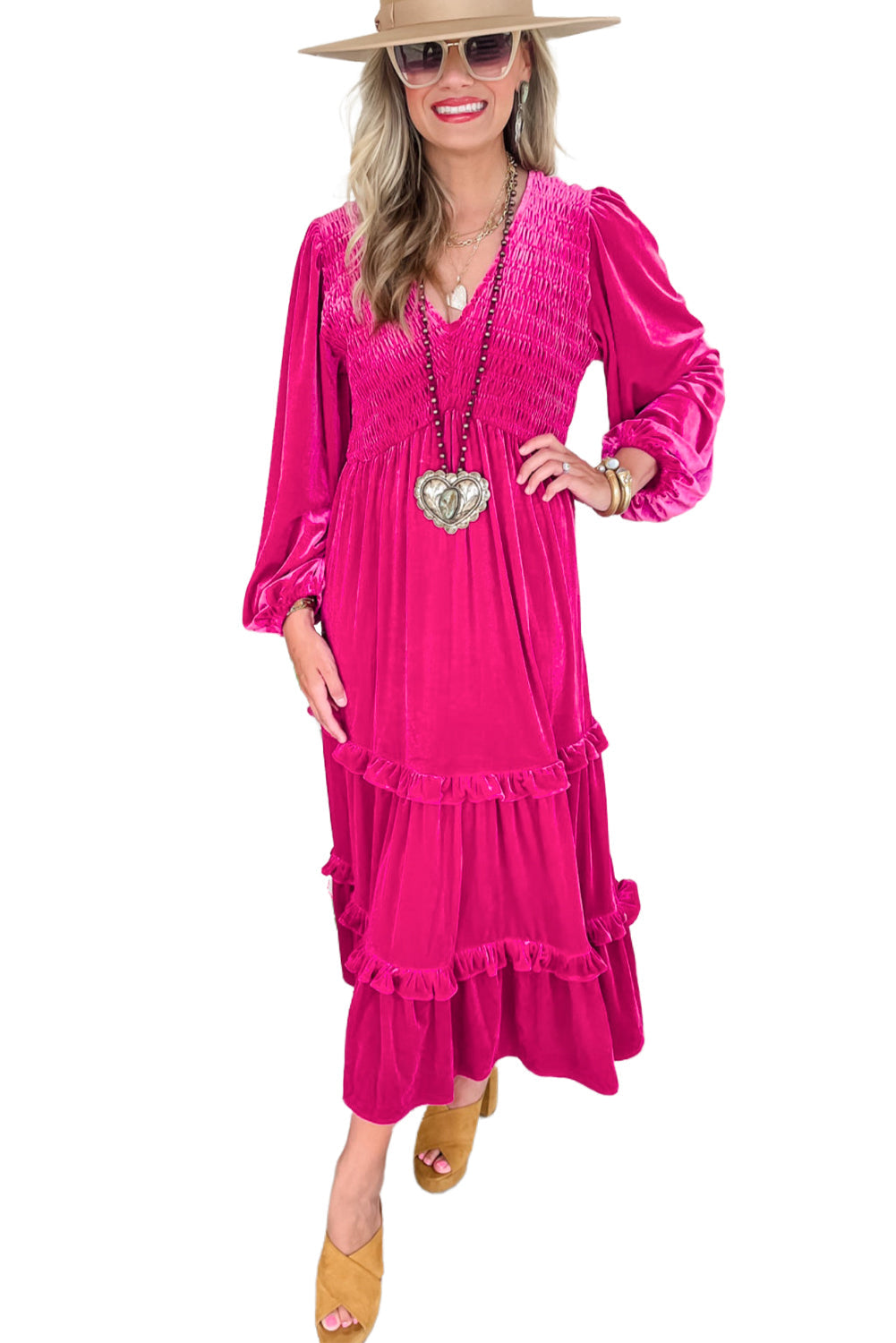 Jaerelle | Rose Red Shirred V Neck Long Sleeve Velvet Dress for Women