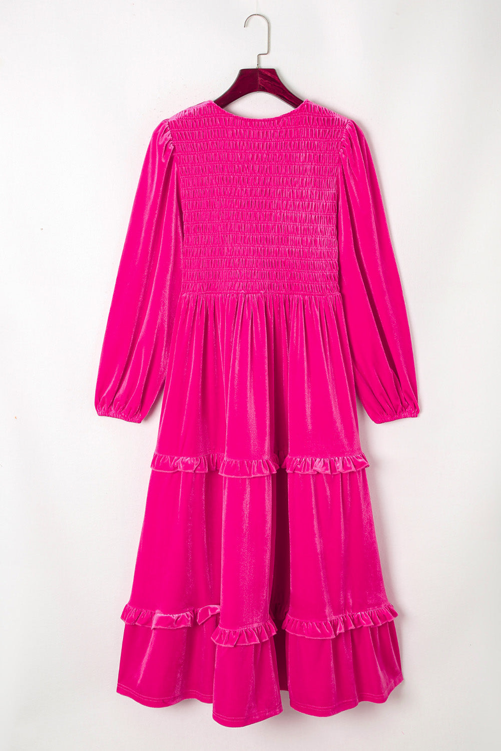 Jaerelle | Rose Red Shirred V Neck Long Sleeve Velvet Dress for Women