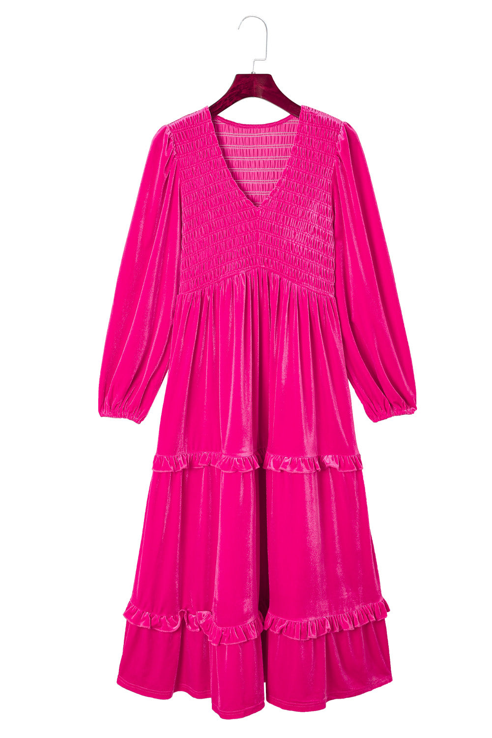 Jaerelle | Rose Red Shirred V Neck Long Sleeve Velvet Dress for Women