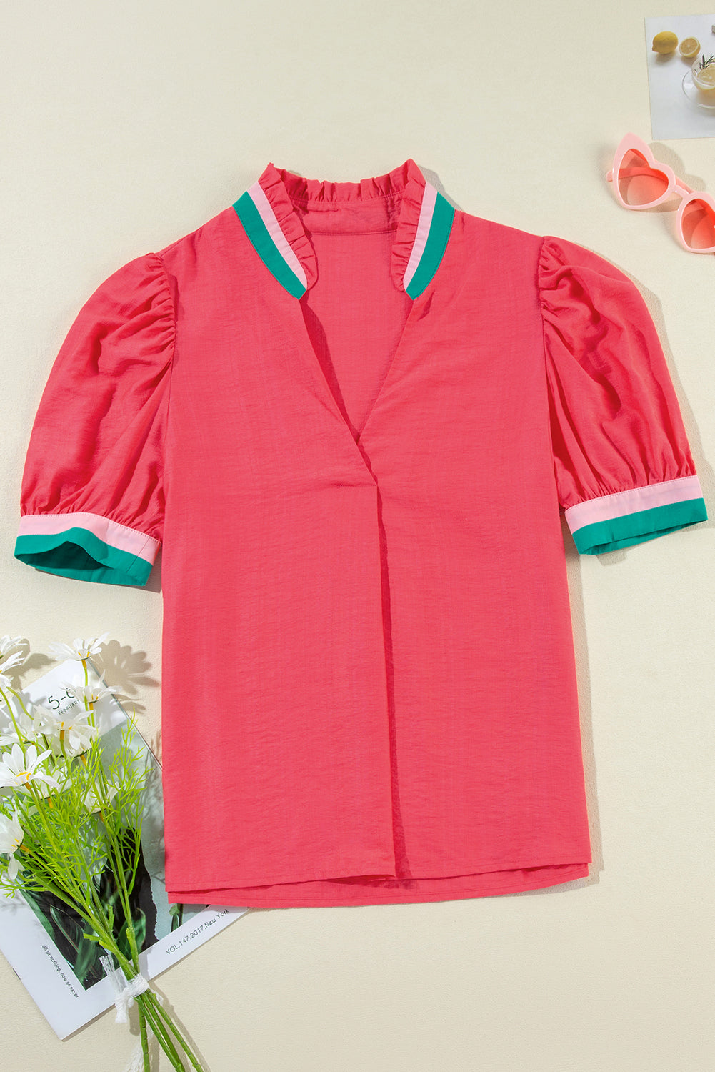 Maryanne | Kleurrijke V-hals Pofmouw Blouse
