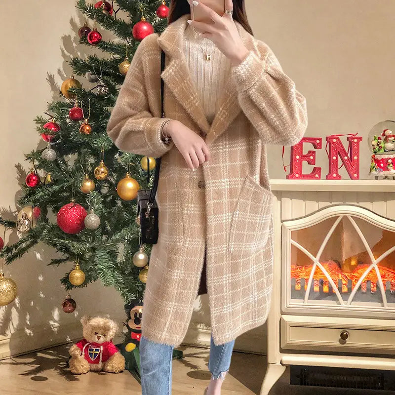 Beryn | Damesjas van imitatiewol, halflang – geruit, warme winterjas, casual en elegant