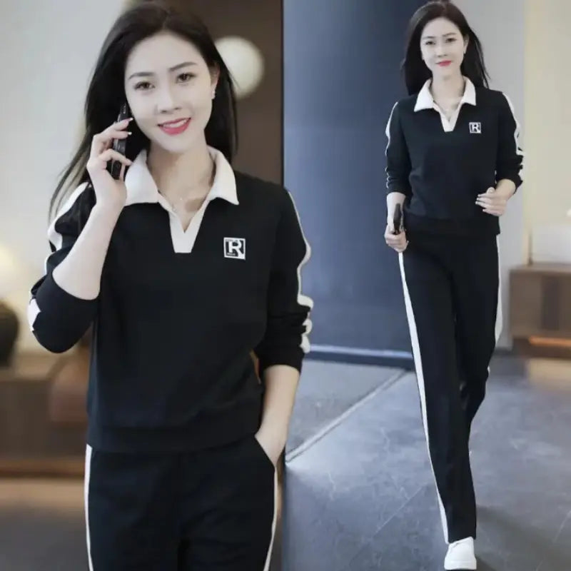 Alinde | Casual 2-delige sportset voor dames – Sweatshirt met lange mouwen en reverskraag & broek voor fitness