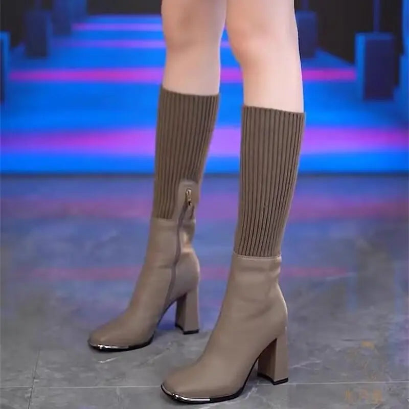 Legara | Stretch gebreide dijhoge laarzen voor dames – dikke hak, plateauzool, modieuze winterschoenen