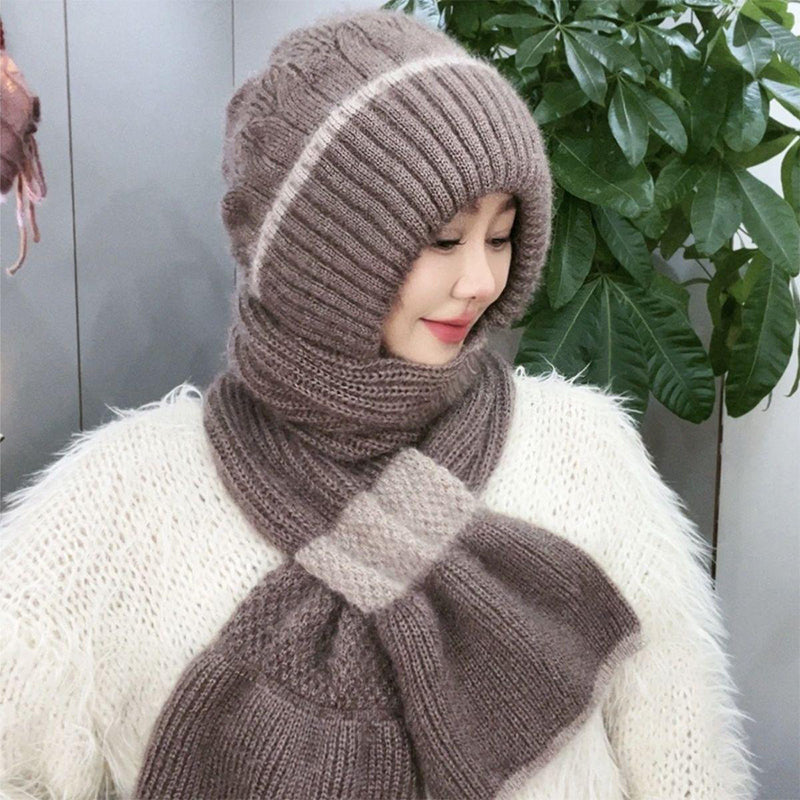 CozyBreeze | Winddichte muts met sjaal voor dames – Warme gebreide wintermuts met oorbescherming