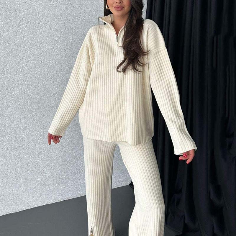 Elorae | Geribbelde gebreide tweedelige set – comfortabele trui en broek met split, loszittende loungewear