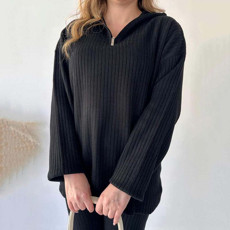 Elorae | Geribbelde gebreide tweedelige set – comfortabele trui en broek met split, loszittende loungewear