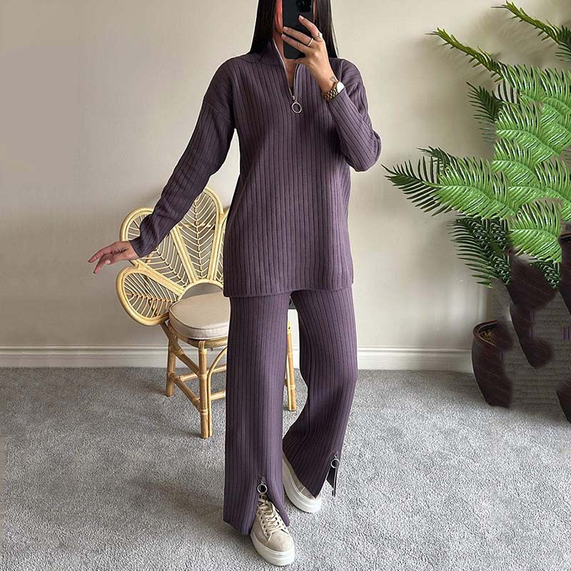 Elorae | Geribbelde gebreide tweedelige set – comfortabele trui en broek met split, loszittende loungewear
