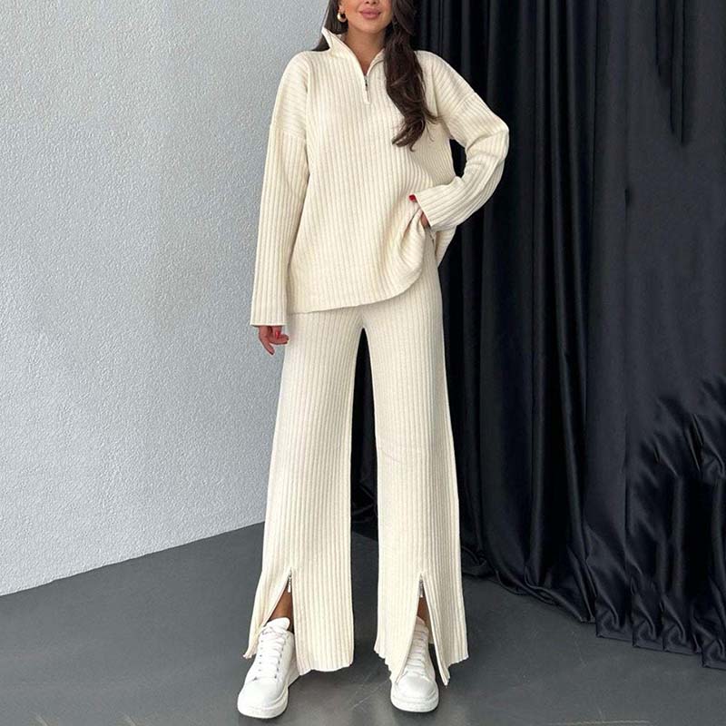 Elorae | Geribbelde gebreide tweedelige set – comfortabele trui en broek met split, loszittende loungewear