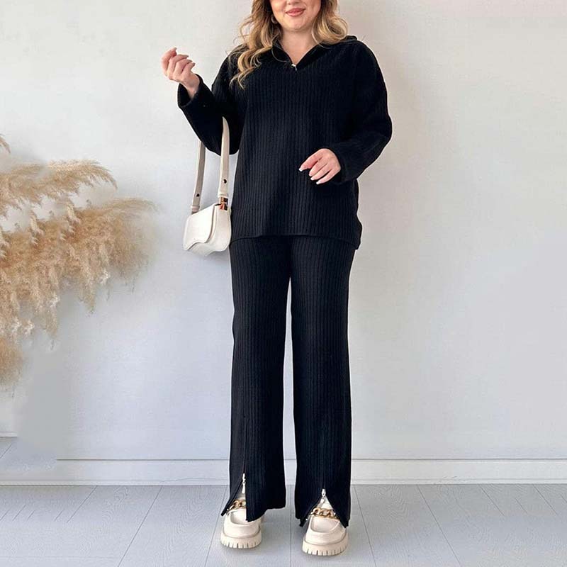 Elorae | Geribbelde gebreide tweedelige set – comfortabele trui en broek met split, loszittende loungewear