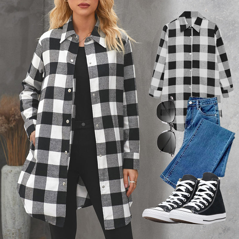 Iselina | Lang geruit overhemd voor dames – Lange mouwen, casual, overshirt voor herfst/winter