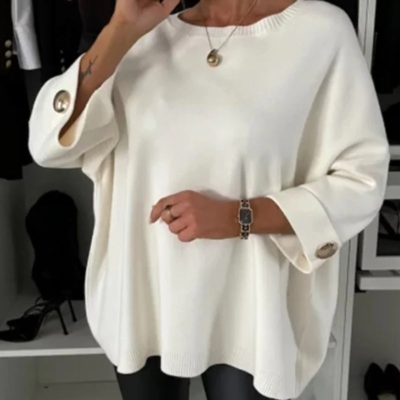 Jelisse | Losvallende gebreide top voor dames – Casual en chique shirt met 3/4 mouwen en knoopaccenten