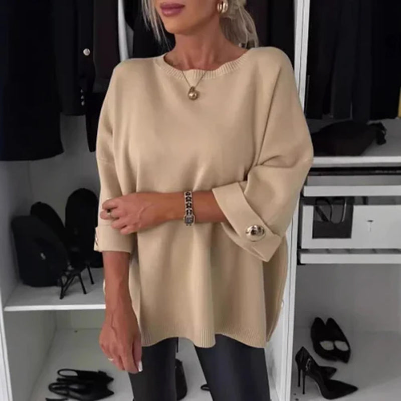 Jelisse | Losvallende gebreide top voor dames – Casual en chique shirt met 3/4 mouwen en knoopaccenten